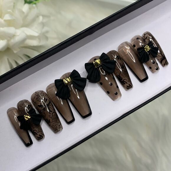 Other - Elegant Bow Black Custom Press On Nails | Handmade Press On Nails | Fake Nails